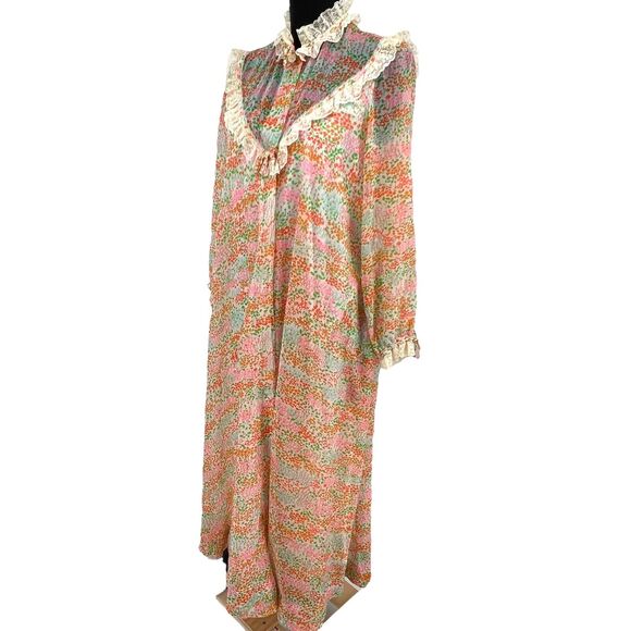 Vintage Saks Fifth Avenue 70's Tulip Print‎ Chiffon Lace Robe - Picture 2 of 11